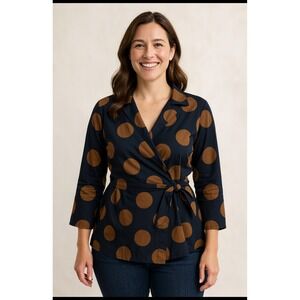 Finley Women's Black Brown Polka Dot Wrap Top Size M